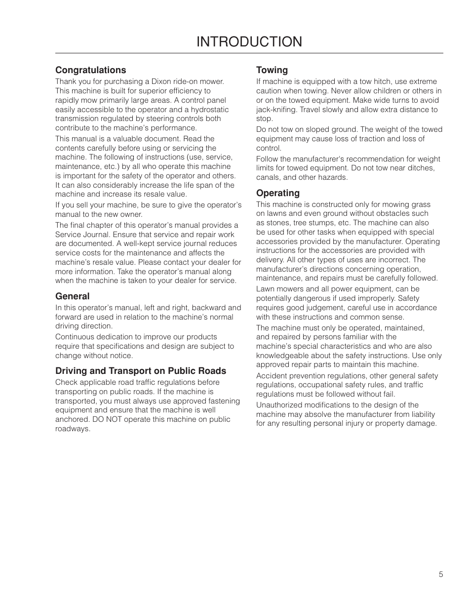 Introduction, Driving and transport on public roads, Towing | Operating | Dixon SpeedZTR 966496301 User Manual | Page 5 / 64