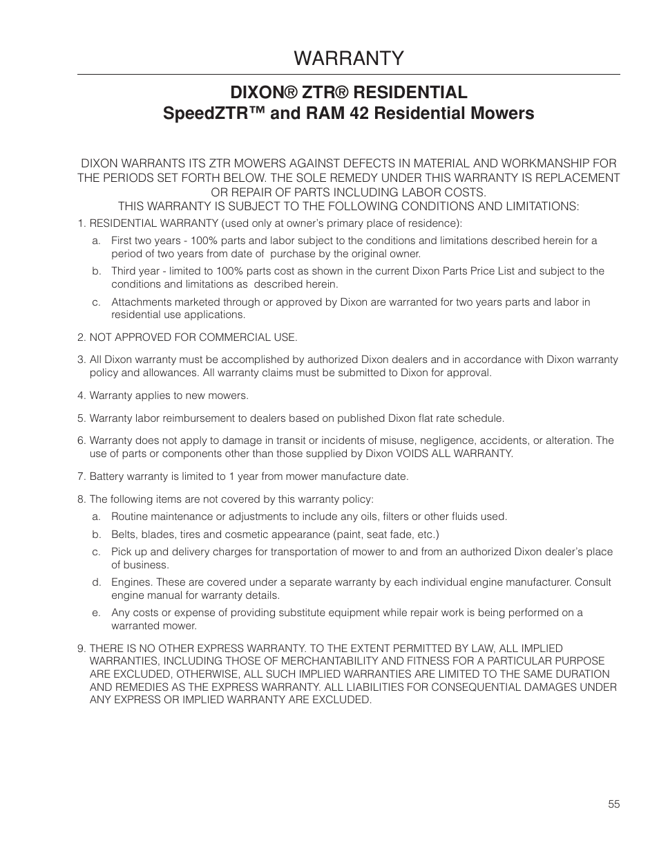 Warranty | Dixon SpeedZTR 966496301 User Manual | Page 55 / 64