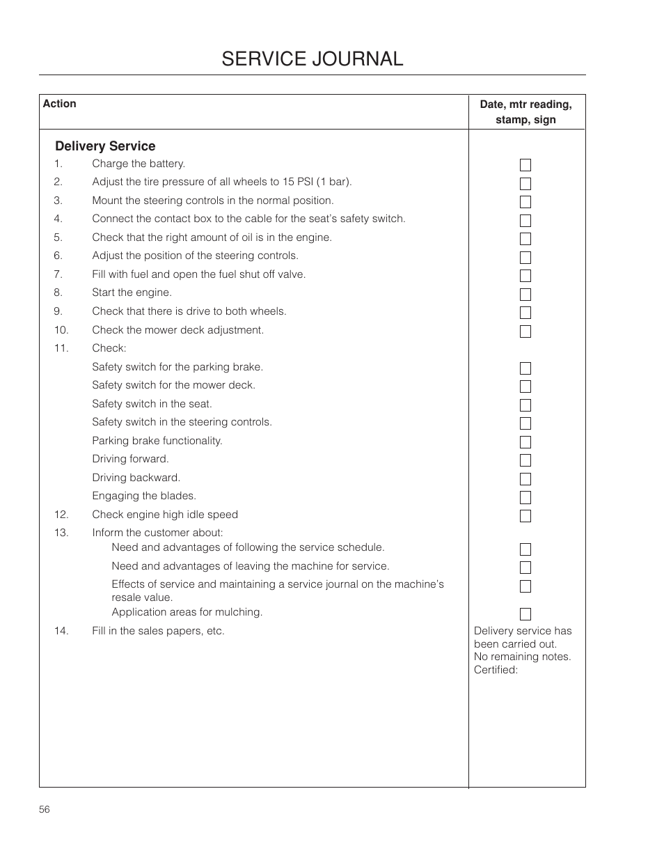 Service journal | Dixon SpeedZTR 966496301 User Manual | Page 56 / 64