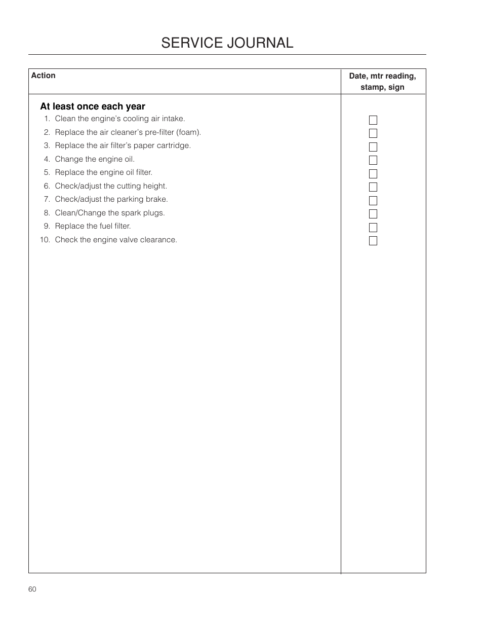 Service journal | Dixon SpeedZTR 966496301 User Manual | Page 60 / 64