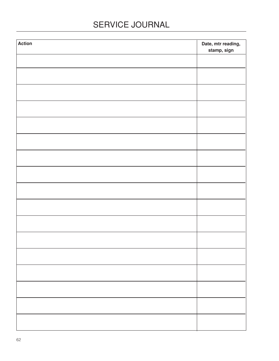 Service journal | Dixon SpeedZTR 966496301 User Manual | Page 62 / 64