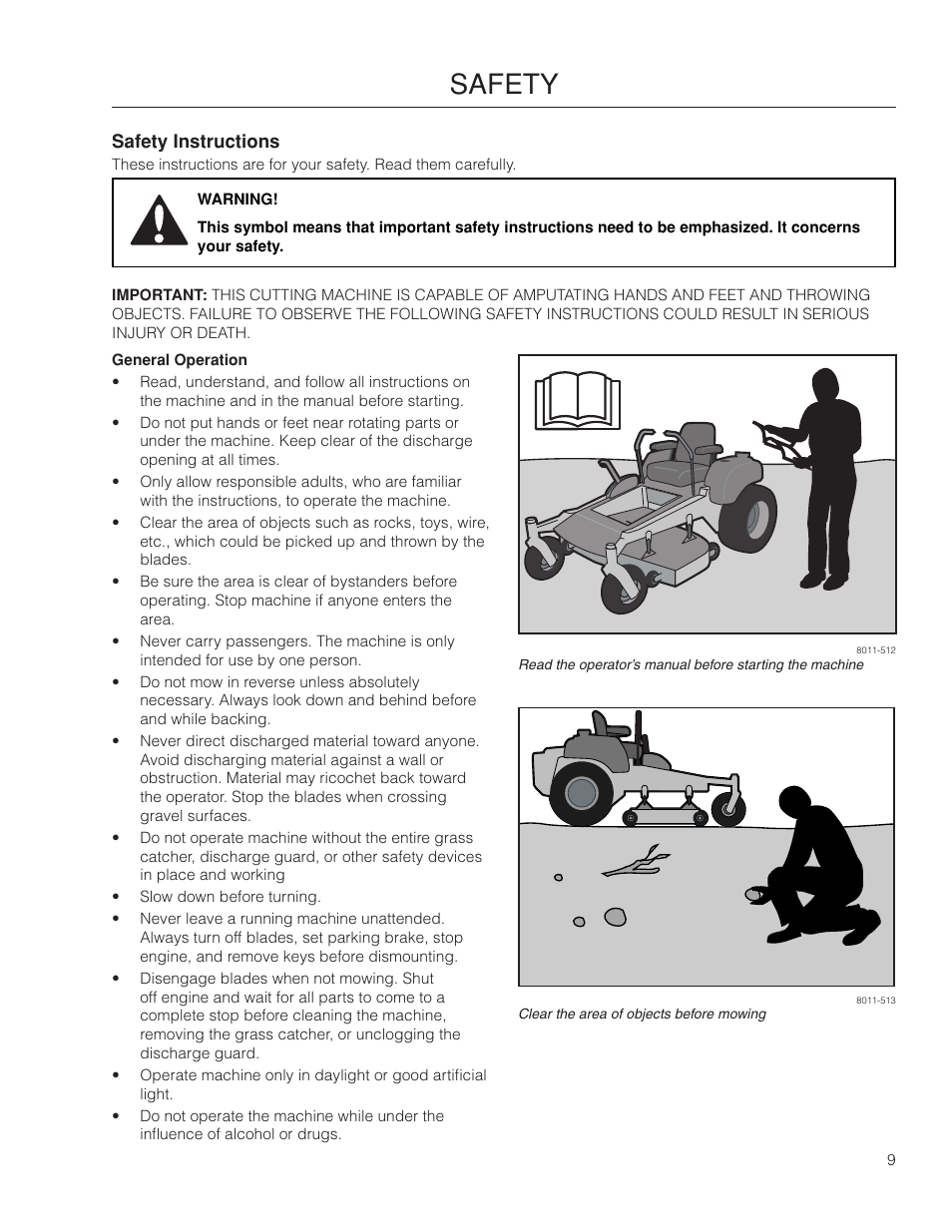 Safety, Safety instructions | Dixon SpeedZTR 966496301 User Manual | Page 9 / 64