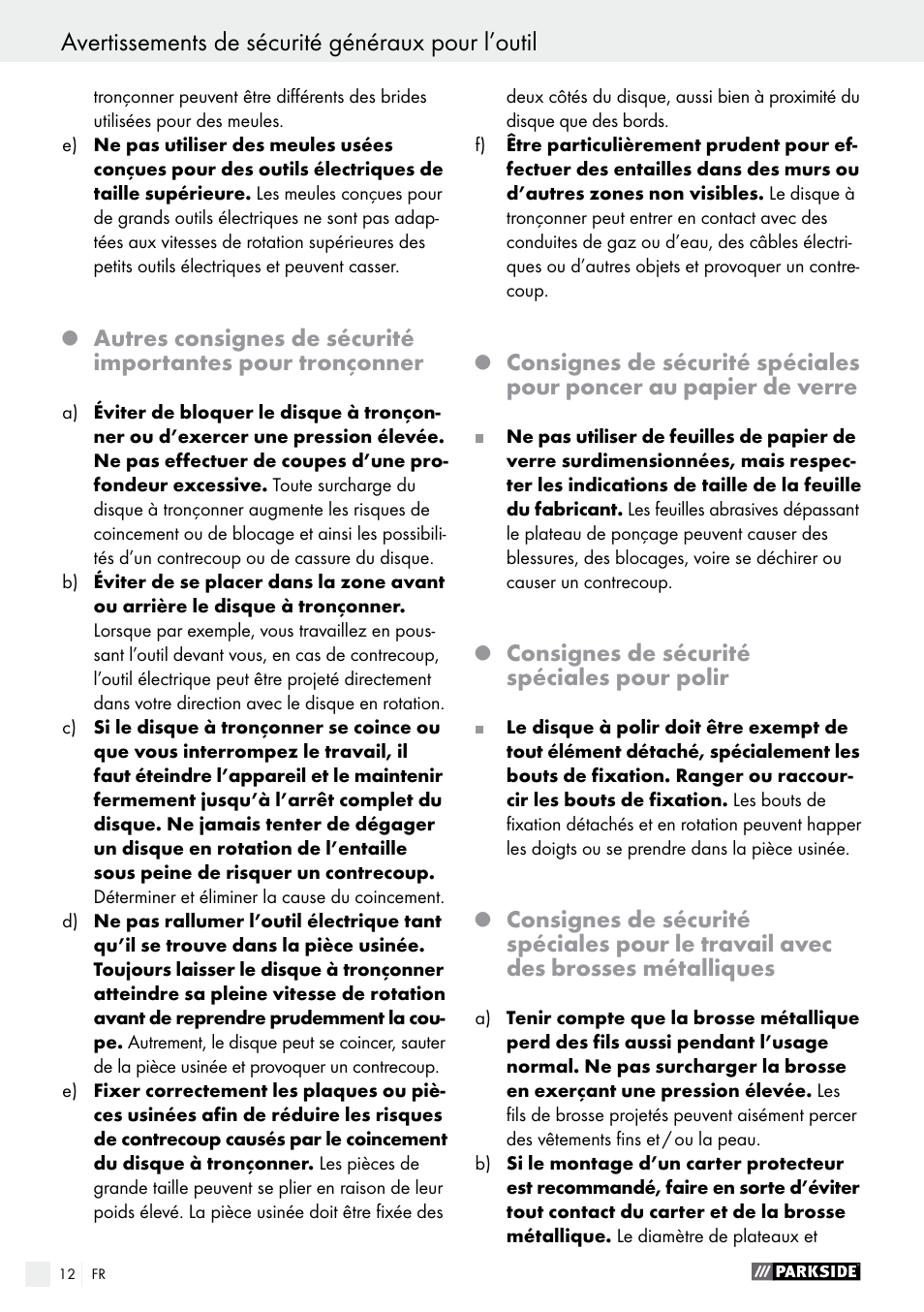 Avertissements de sécurité généraux pour l’outil | Parkside PWS 125 A1 User Manual | Page 12 / 51