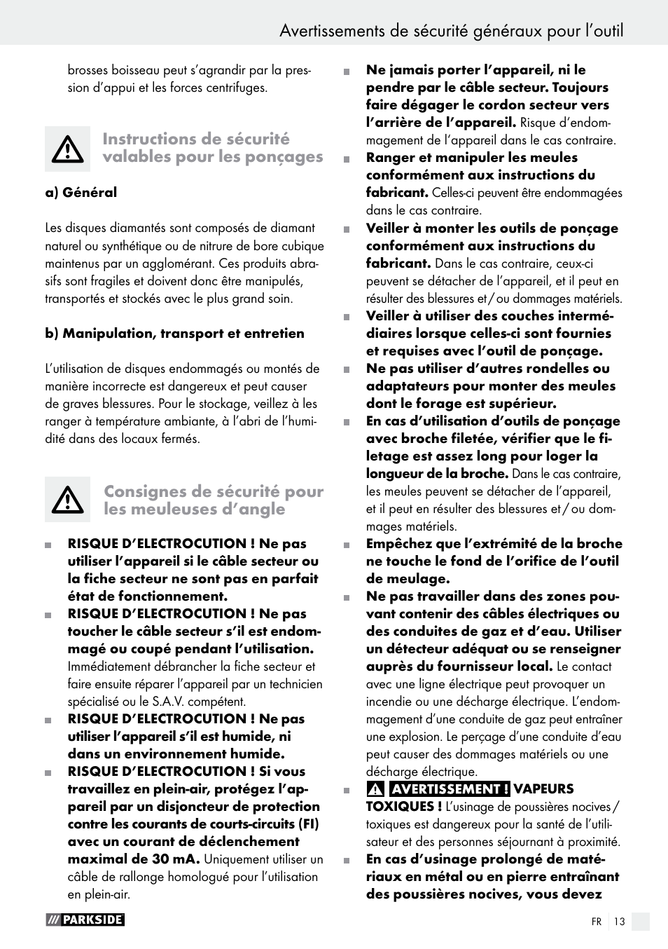 Avertissements de sécurité généraux pour l’outil | Parkside PWS 125 A1 User Manual | Page 13 / 51