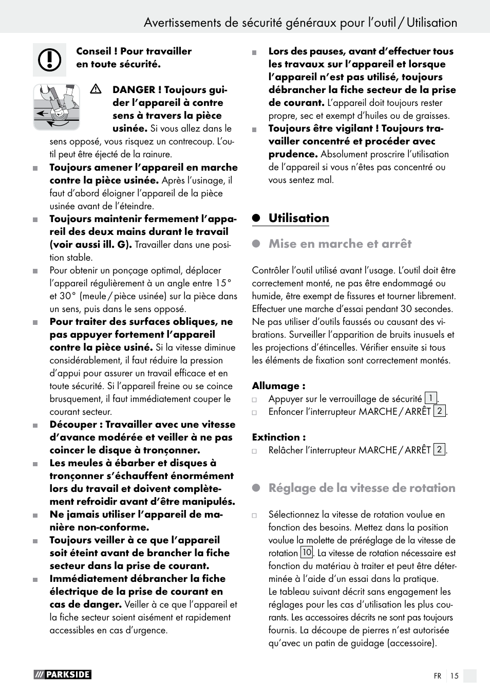 Utilisation, Mise en marche et arrêt, Réglage de la vitesse de rotation | Parkside PWS 125 A1 User Manual | Page 15 / 51