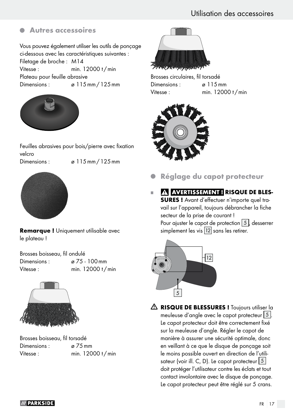 Autres accessoires, Réglage du capot protecteur | Parkside PWS 125 A1 User Manual | Page 17 / 51