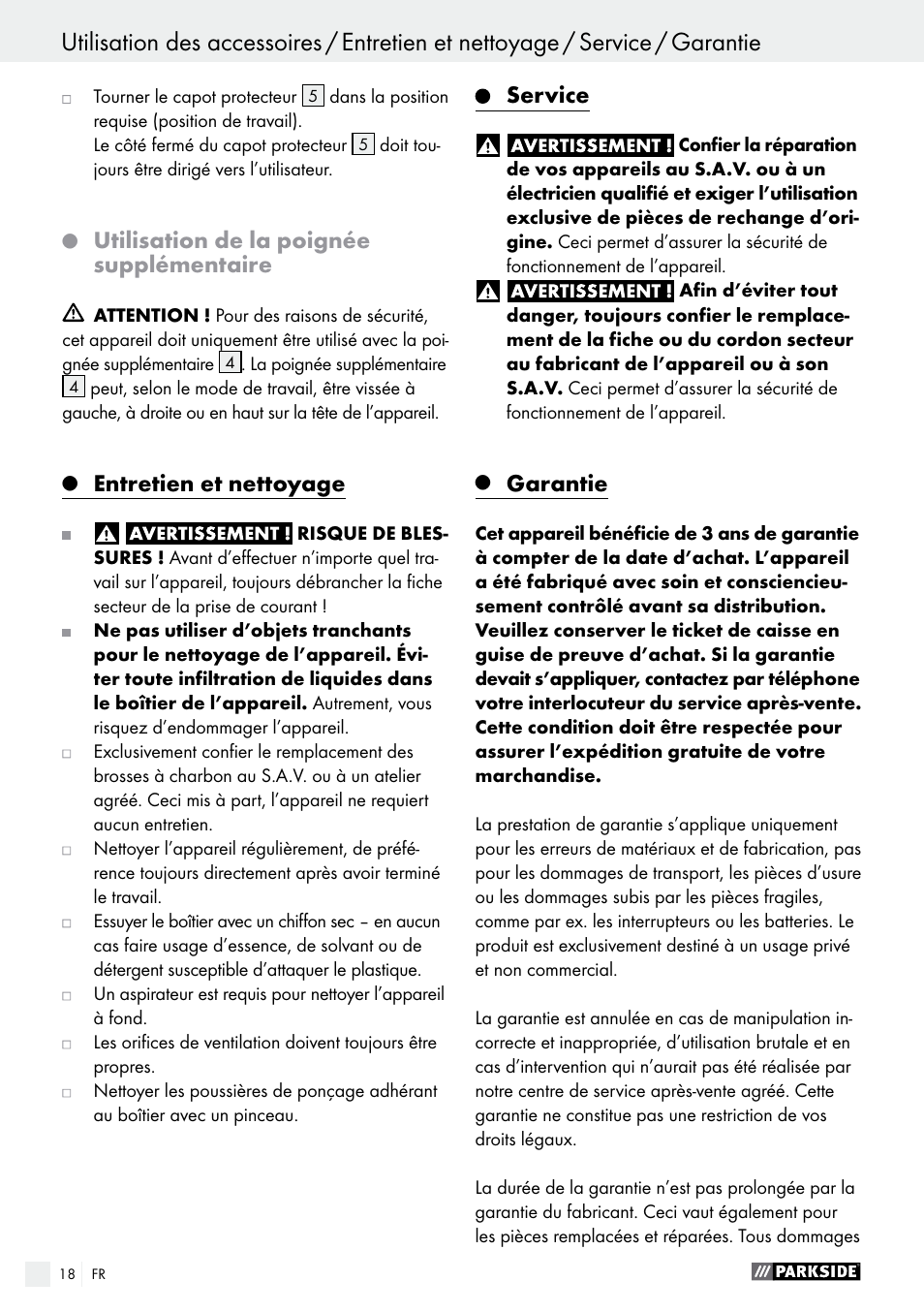 Utilisation de la poignée supplémentaire, Entretien et nettoyage, Service | Garantie | Parkside PWS 125 A1 User Manual | Page 18 / 51