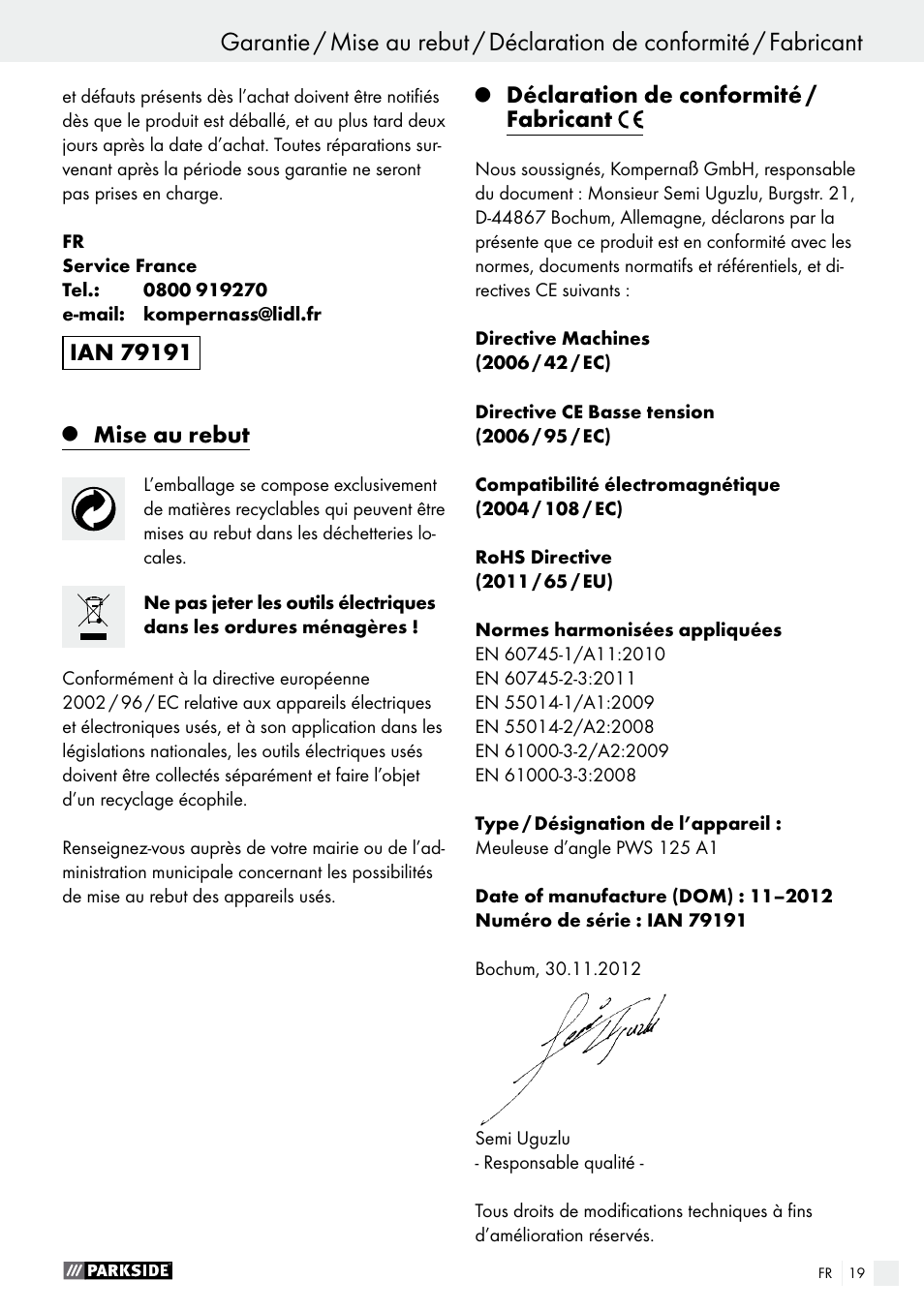 Mise au rebut, Déclaration de conformité / fabricant | Parkside PWS 125 A1 User Manual | Page 19 / 51