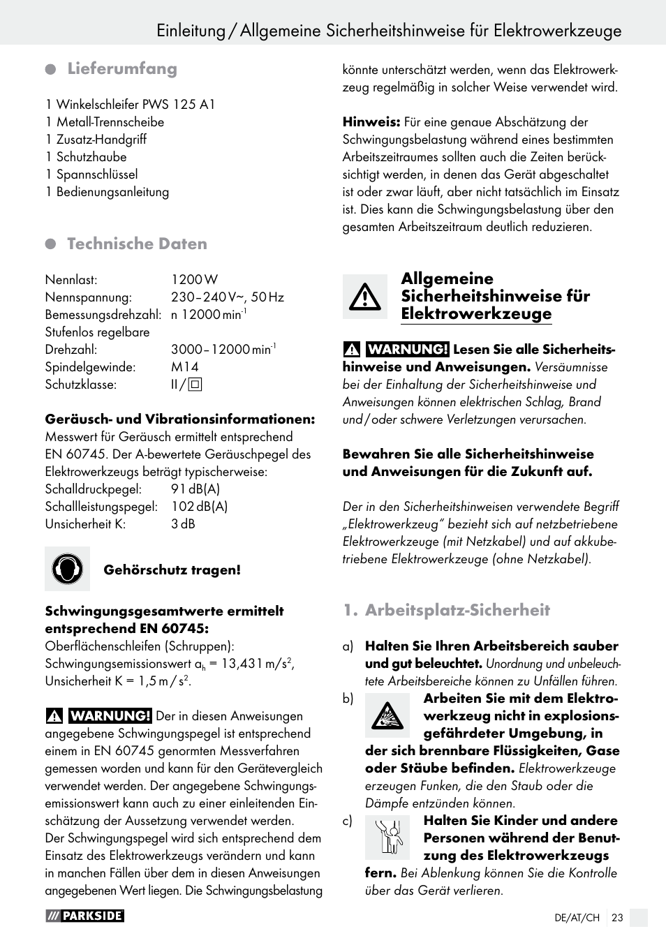 Lieferumfang, Technische daten, Arbeitsplatz-sicherheit | Parkside PWS 125 A1 User Manual | Page 23 / 51