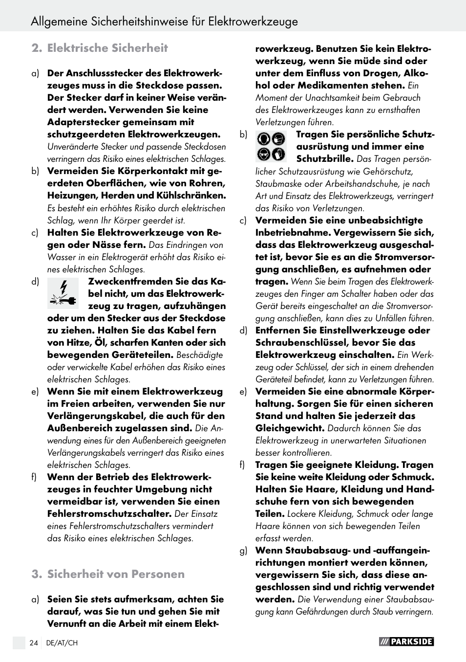 Elektrische sicherheit, Sicherheit von personen | Parkside PWS 125 A1 User Manual | Page 24 / 51