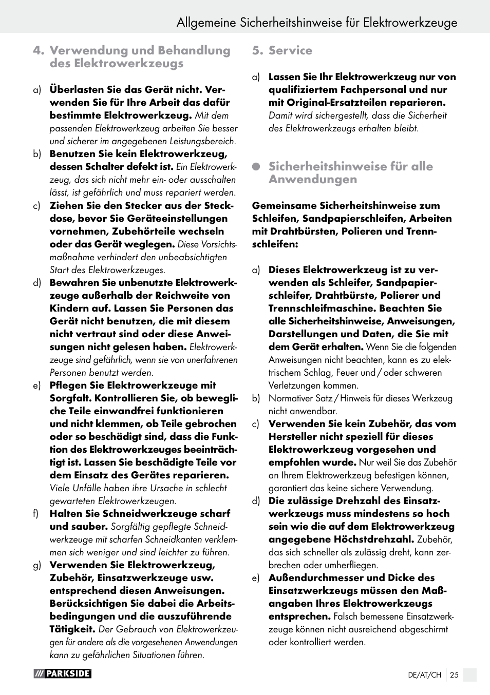 Verwendung und behandlung des elektrowerkzeugs, Service, Sicherheitshinweise für alle anwendungen | Parkside PWS 125 A1 User Manual | Page 25 / 51