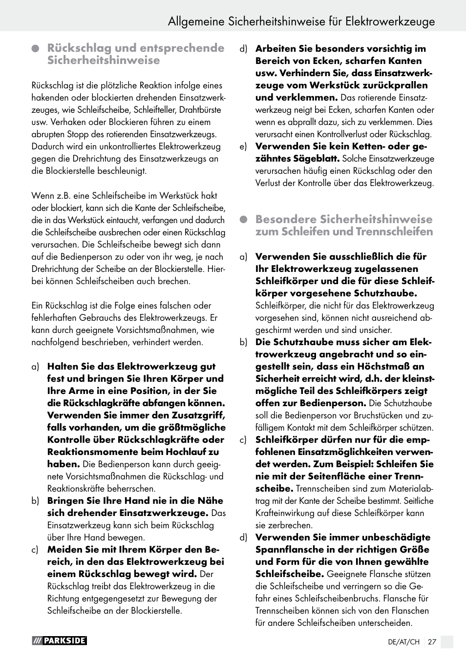 Parkside PWS 125 A1 User Manual | Page 27 / 51