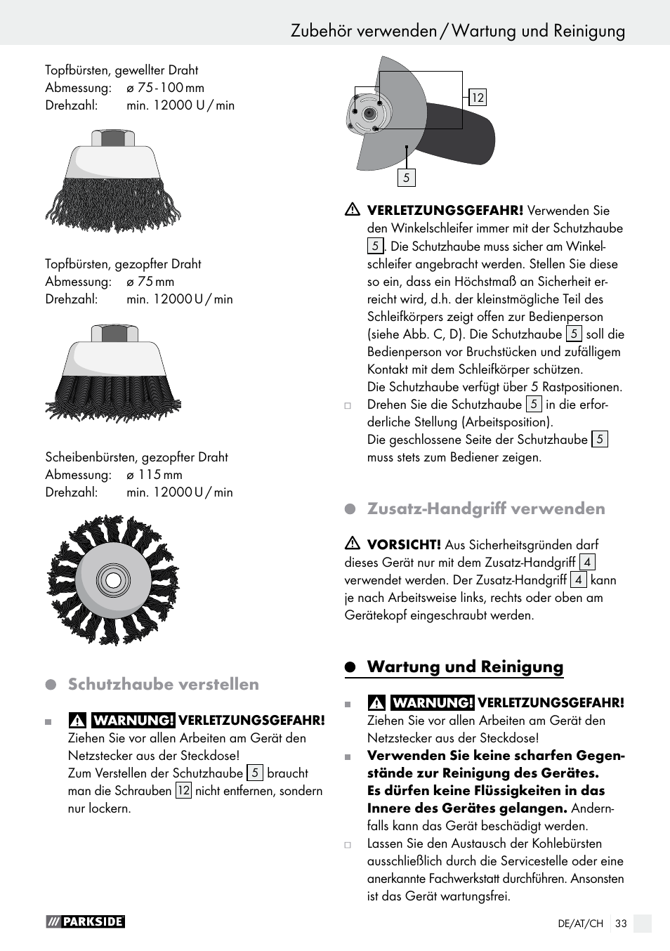 Schutzhaube verstellen, Zusatz-handgriff verwenden, Wartung und reinigung | Parkside PWS 125 A1 User Manual | Page 33 / 51