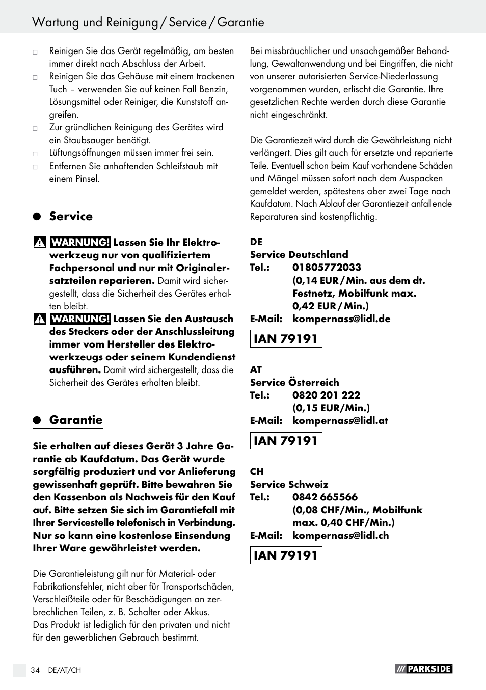 Service, Garantie | Parkside PWS 125 A1 User Manual | Page 34 / 51