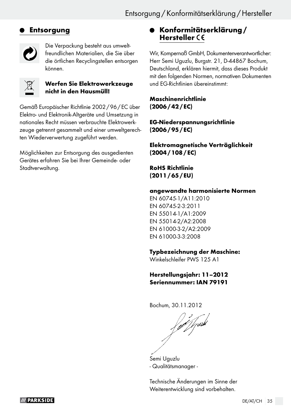 Parkside PWS 125 A1 User Manual | Page 35 / 51