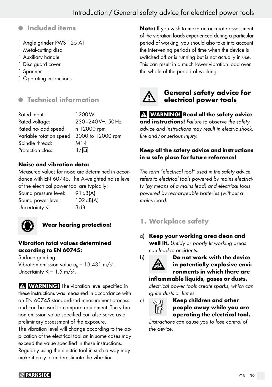 Included items, Technical information, General safety advice for electrical power tools | Workplace safety | Parkside PWS 125 A1 User Manual | Page 39 / 51