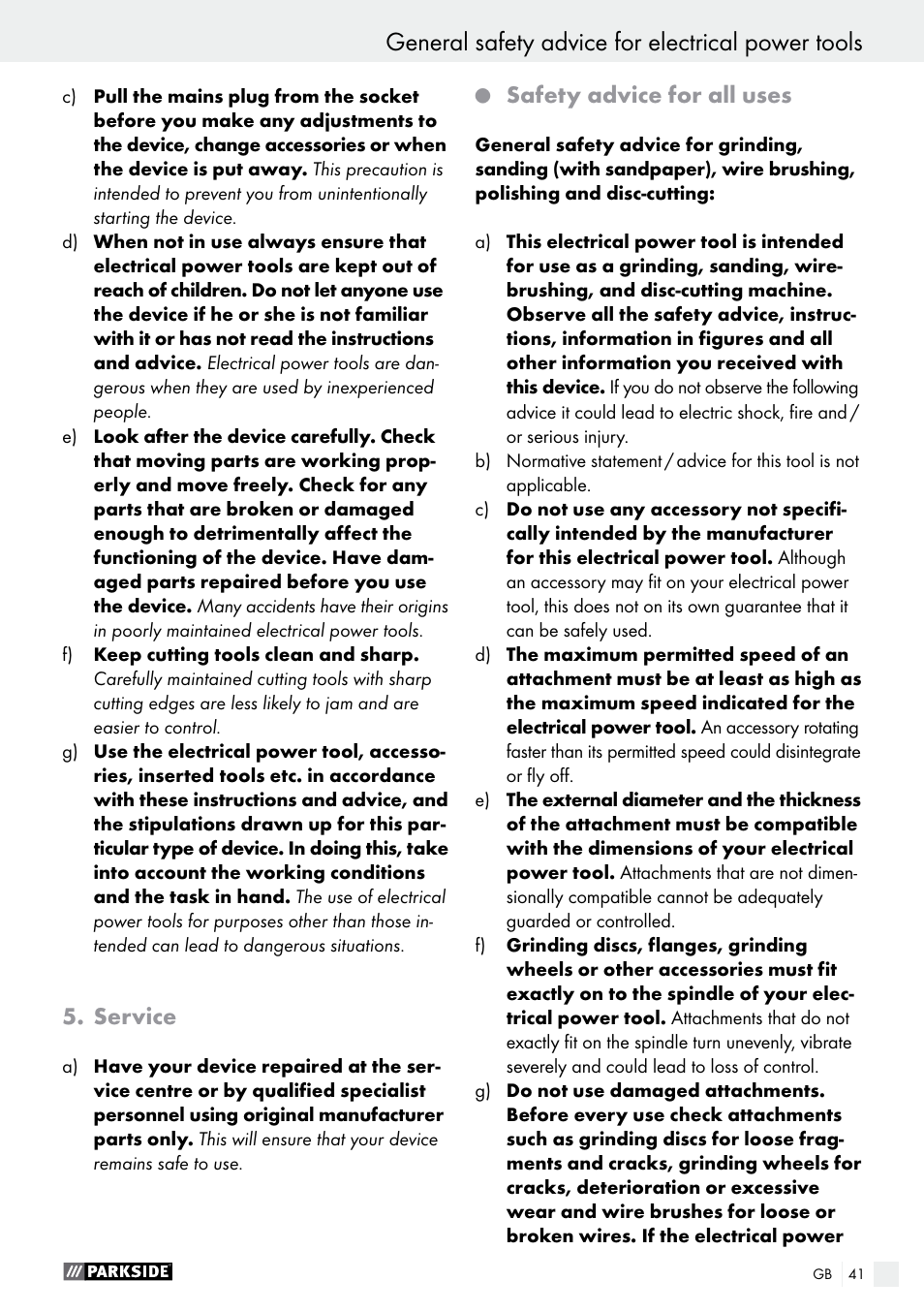 General safety advice for electrical power tools, Service, Safety advice for all uses | Parkside PWS 125 A1 User Manual | Page 41 / 51