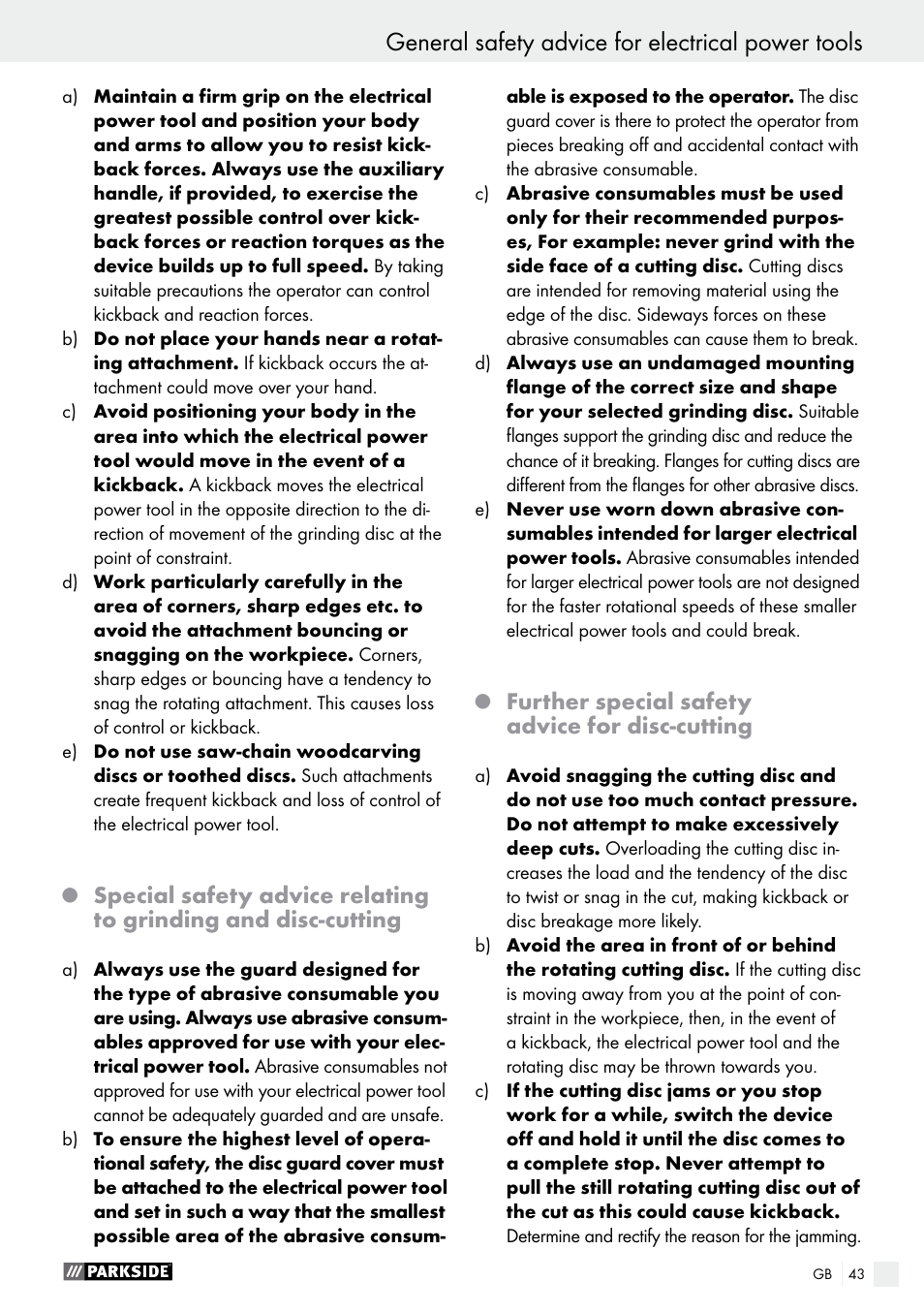 General safety advice for electrical power tools, Further special safety advice for disc-cutting | Parkside PWS 125 A1 User Manual | Page 43 / 51