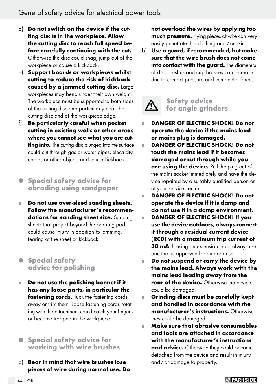 General safety advice for electrical power tools | Parkside PWS 125 A1 User Manual | Page 44 / 51