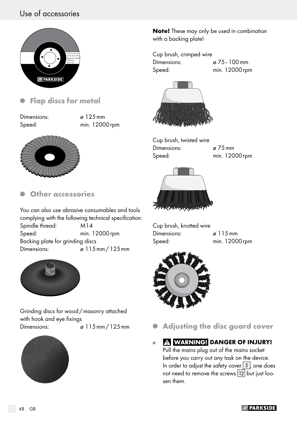 Flap discs for metal, Other accessories, Adjusting the disc guard cover | Parkside PWS 125 A1 User Manual | Page 48 / 51
