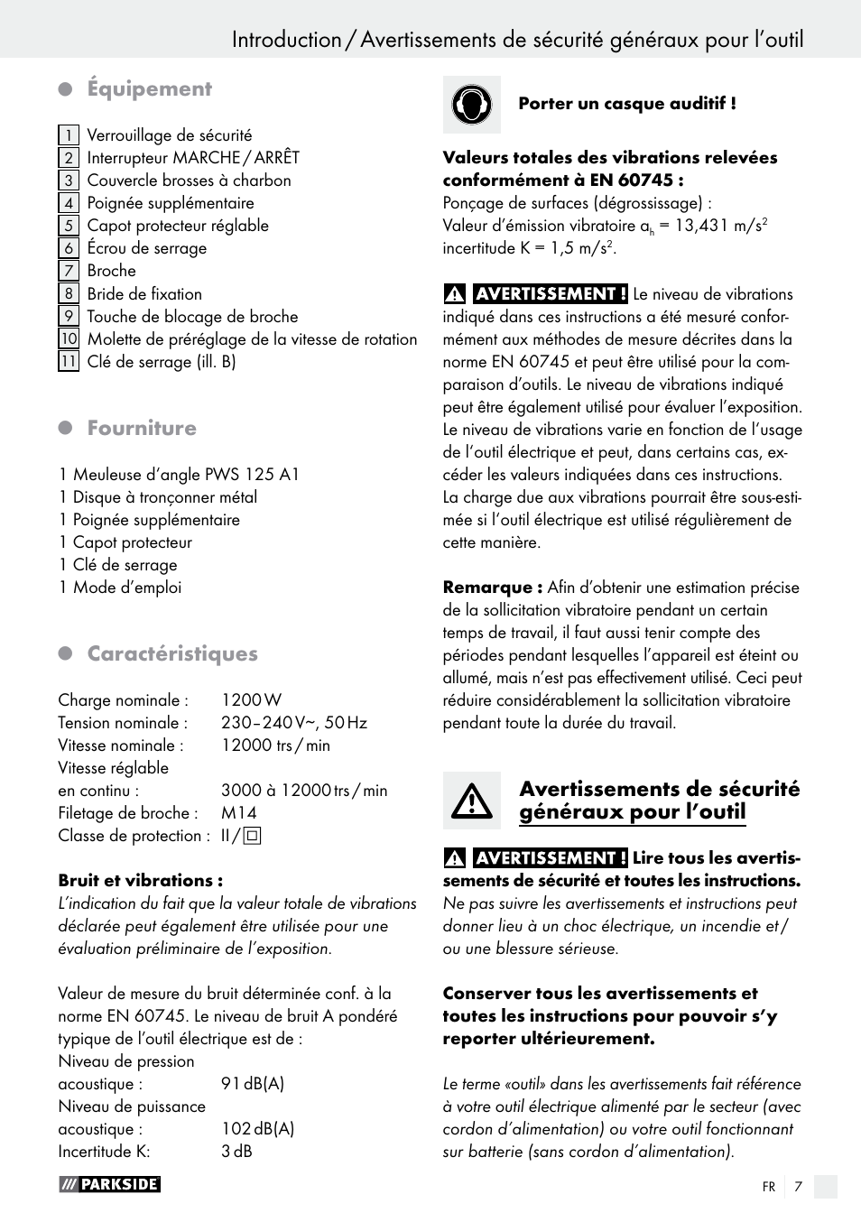 Équipement, Fourniture, Caractéristiques | Avertissements de sécurité généraux pour l’outil | Parkside PWS 125 A1 User Manual | Page 7 / 51