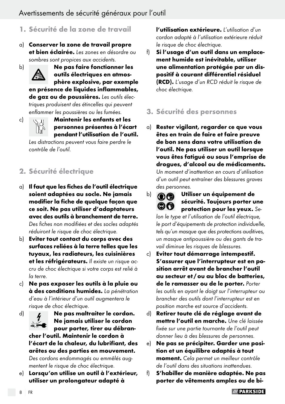 Avertissements de sécurité généraux pour l’outil, Sécurité de la zone de travail, Sécurité électrique | Sécurité des personnes | Parkside PWS 125 A1 User Manual | Page 8 / 51