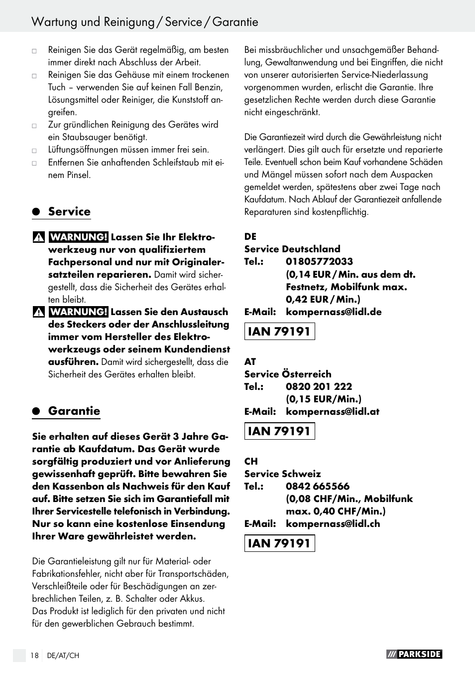 Service, Garantie | Parkside PWS 125 A1 User Manual | Page 18 / 67