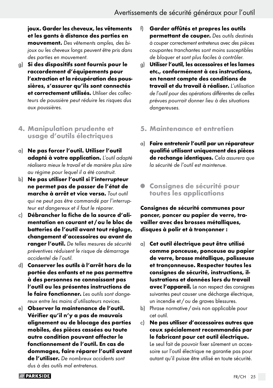 Avertissements de sécurité généraux pour l’outil | Parkside PWS 125 A1 User Manual | Page 25 / 67