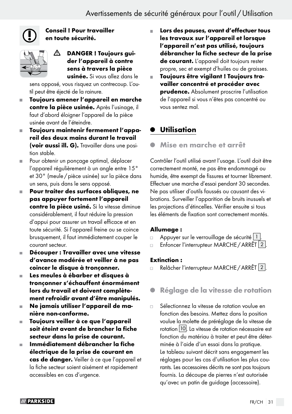 Utilisation, Mise en marche et arrêt, Réglage de la vitesse de rotation | Parkside PWS 125 A1 User Manual | Page 31 / 67