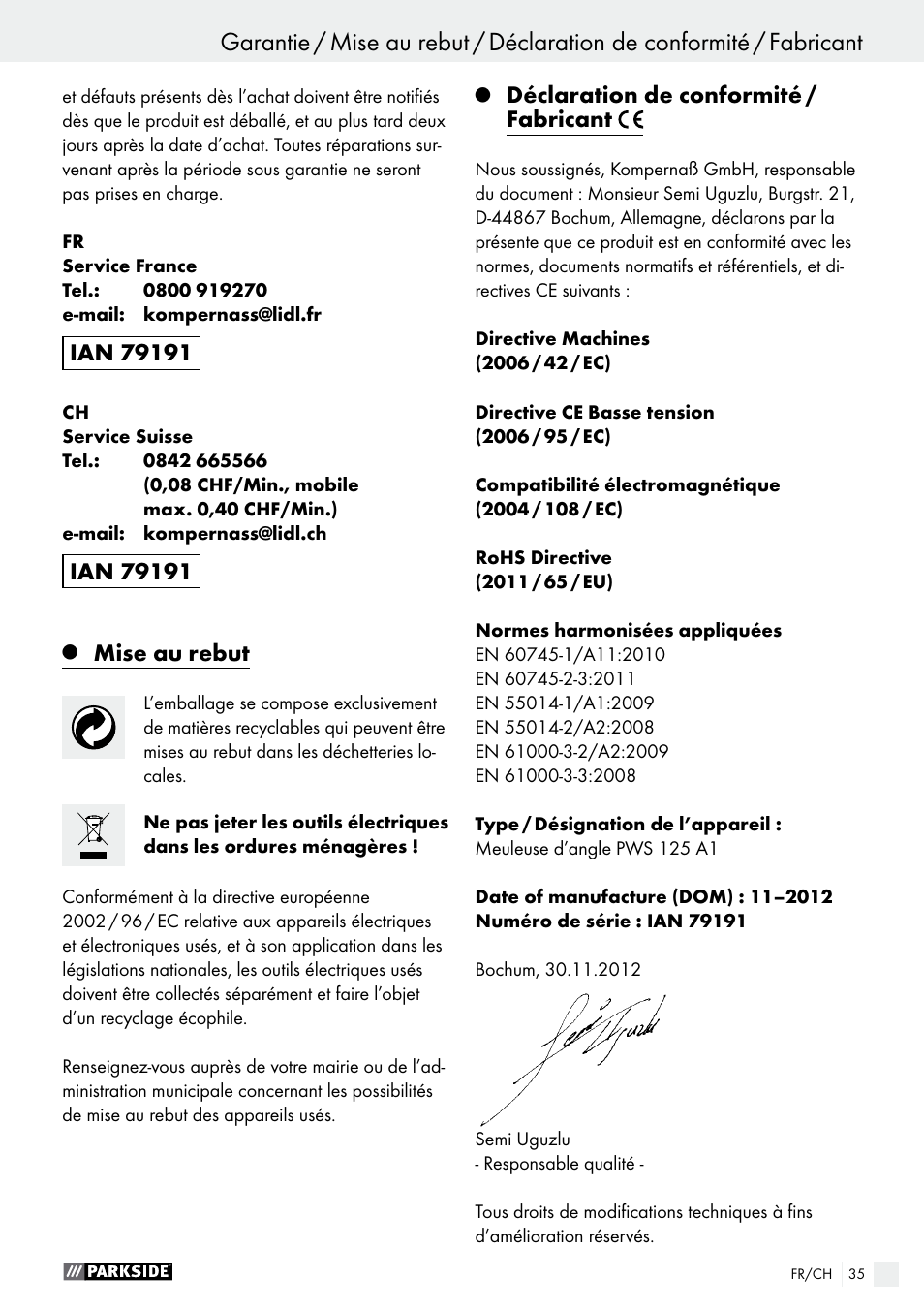 Mise au rebut, Déclaration de conformité / fabricant | Parkside PWS 125 A1 User Manual | Page 35 / 67