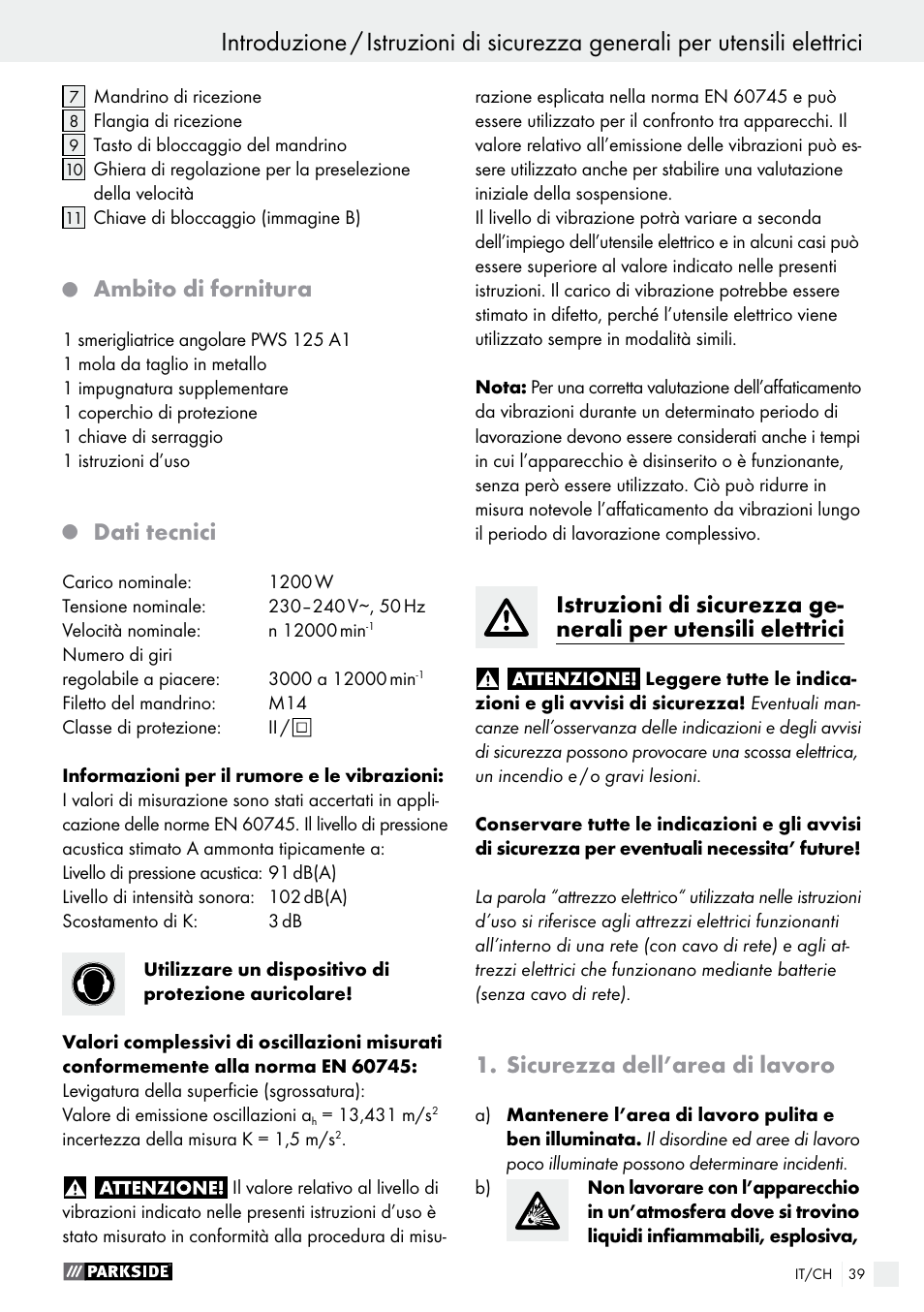 Ambito di fornitura, Dati tecnici, Sicurezza dell’area di lavoro | Parkside PWS 125 A1 User Manual | Page 39 / 67