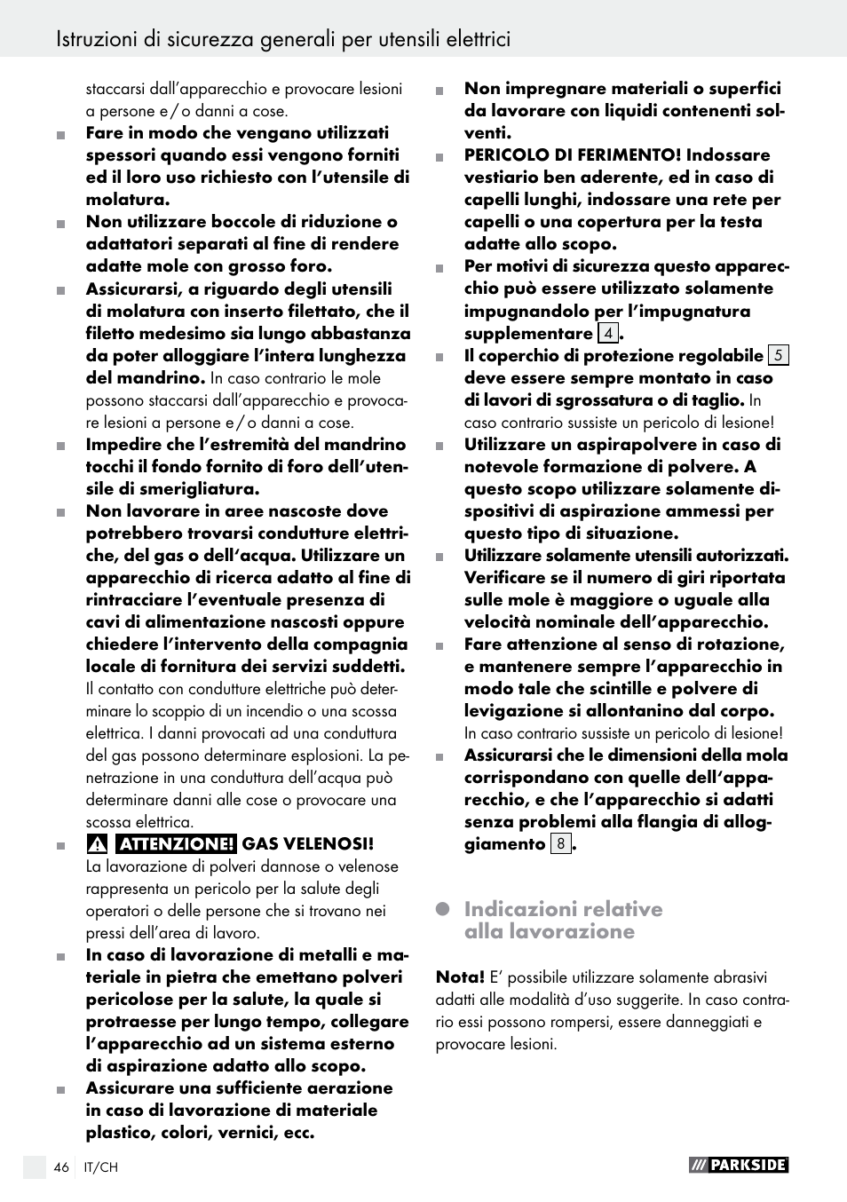 Indicazioni relative alla lavorazione | Parkside PWS 125 A1 User Manual | Page 46 / 67