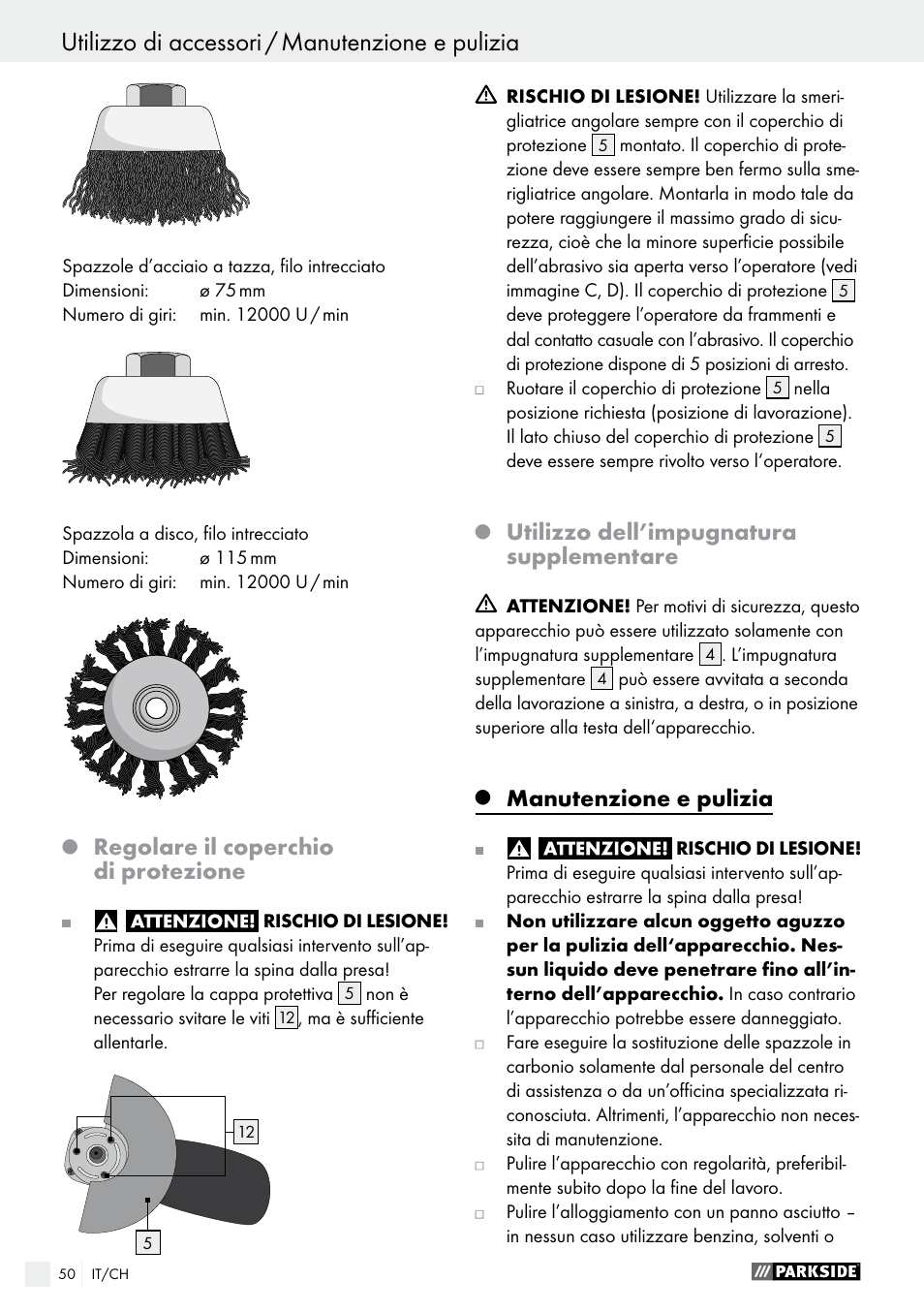 Regolare il coperchio di protezione, Utilizzo dell’impugnatura supplementare, Manutenzione e pulizia | Parkside PWS 125 A1 User Manual | Page 50 / 67