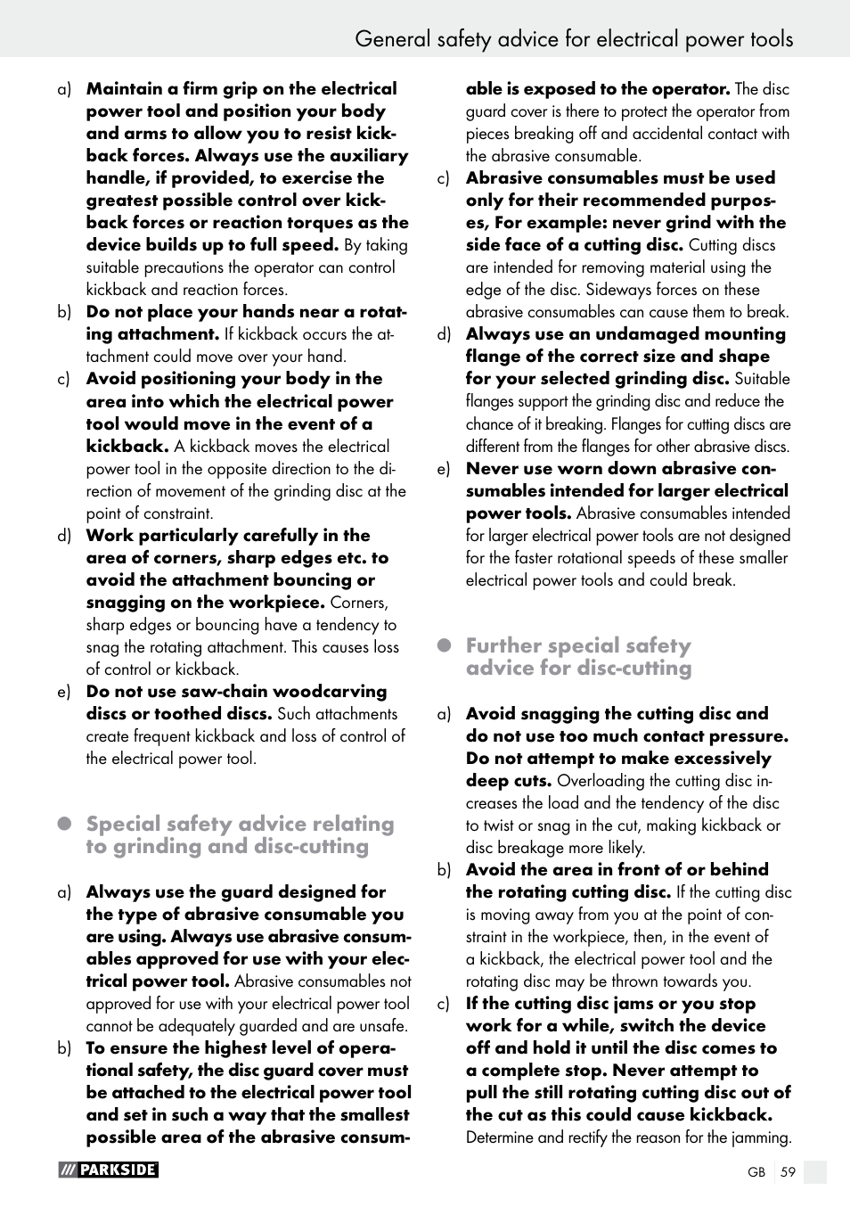 General safety advice for electrical power tools, Further special safety advice for disc-cutting | Parkside PWS 125 A1 User Manual | Page 59 / 67