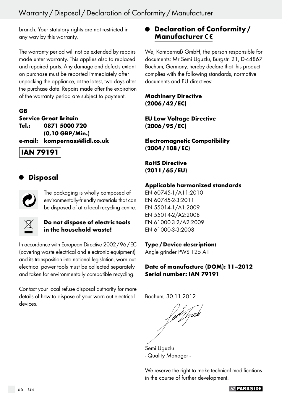 Disposal, Declaration of conformity / manufacturer | Parkside PWS 125 A1 User Manual | Page 66 / 67