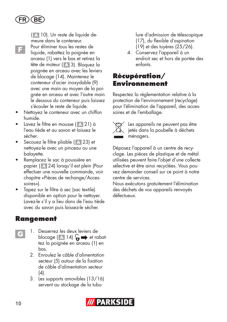 Rangement, Récupération/ environnement, Fr be | Parkside PNTS 1400 C1 User Manual | Page 10 / 52