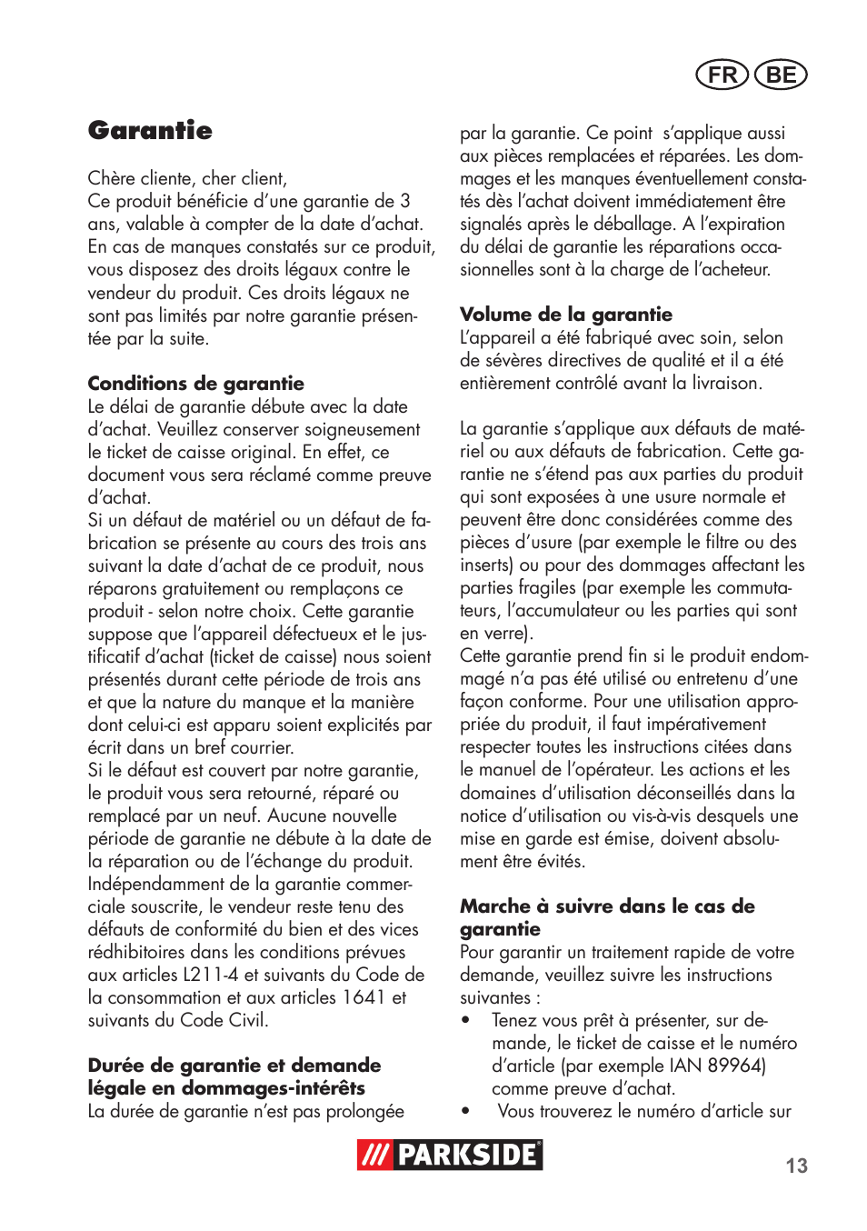 Garantie, Be fr | Parkside PNTS 1400 C1 User Manual | Page 13 / 52