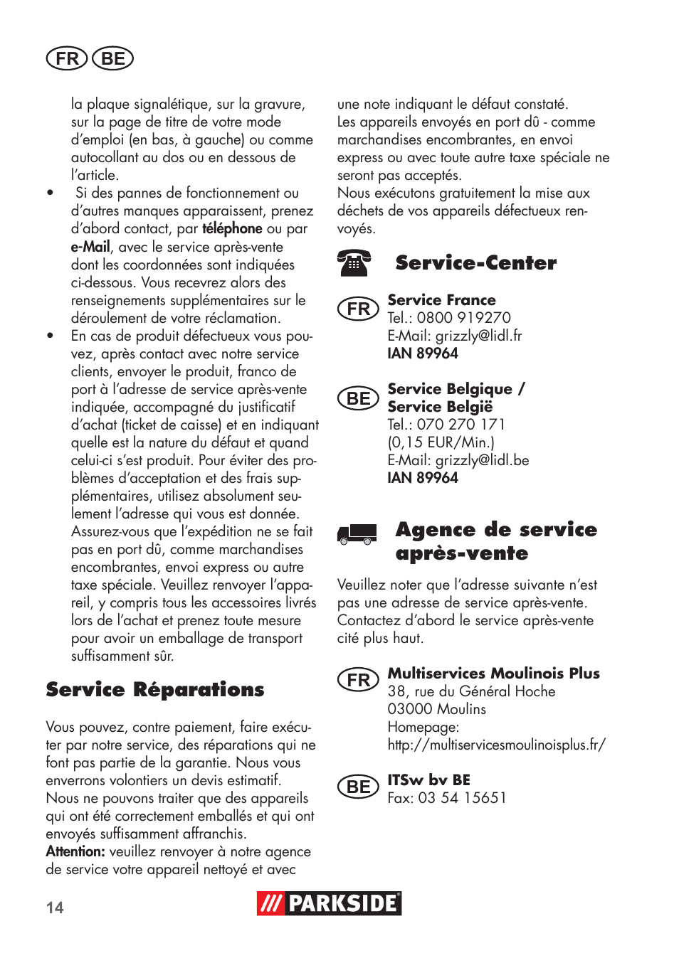 Service réparations, Service-center, Agence de service après-vente | Parkside PNTS 1400 C1 User Manual | Page 14 / 52