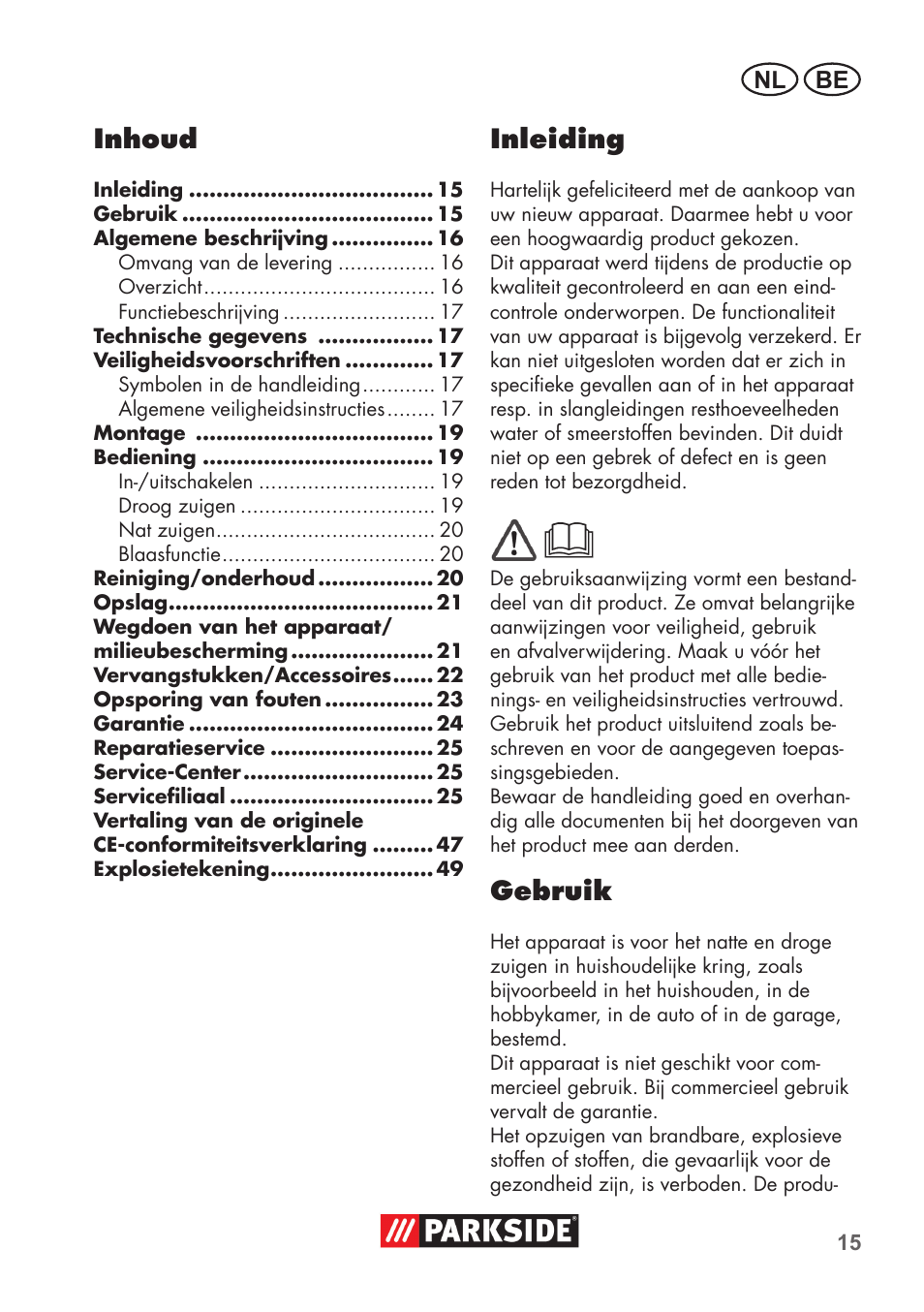 Inhoud, Inleiding, Gebruik | Be nl | Parkside PNTS 1400 C1 User Manual | Page 15 / 52