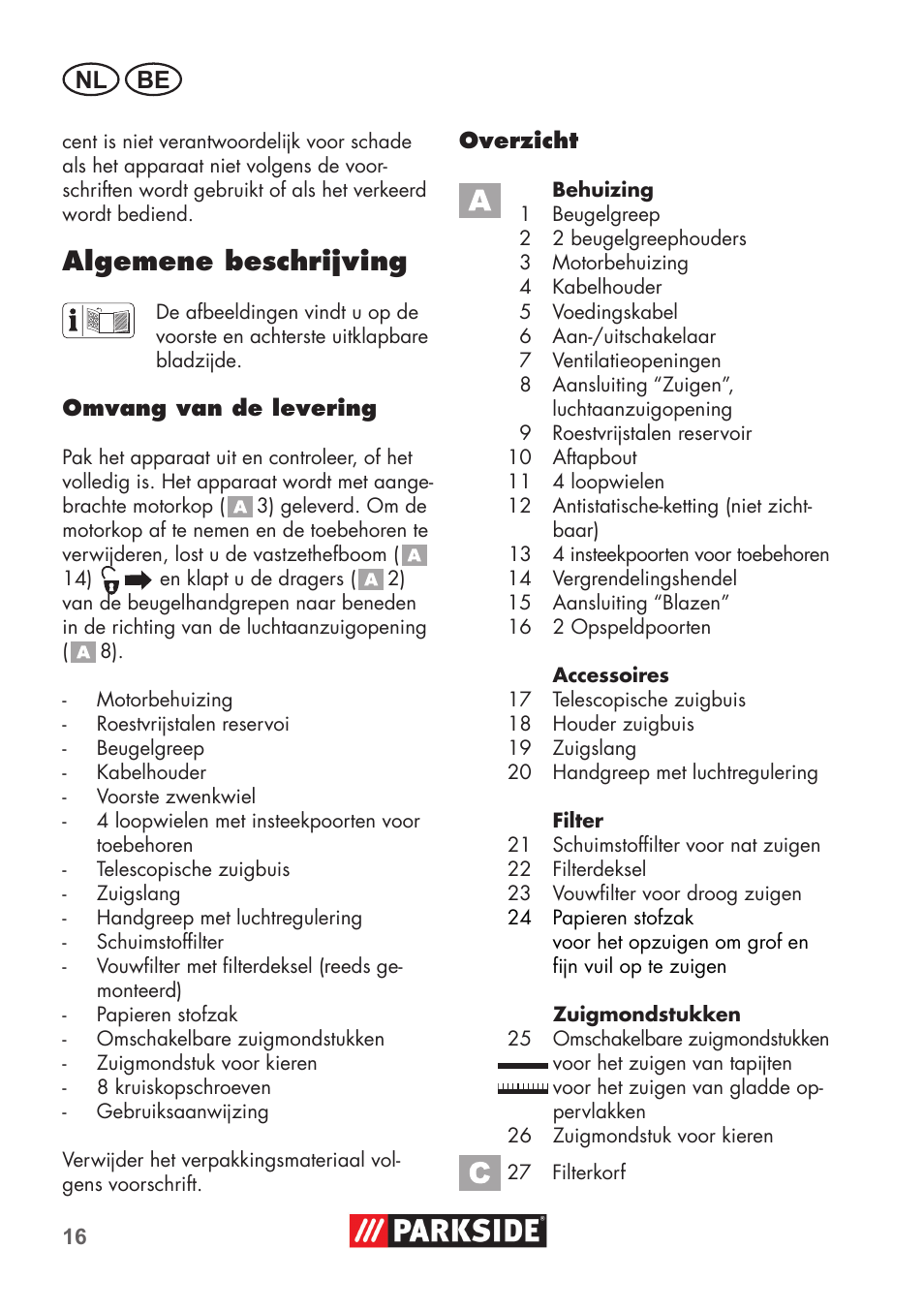 Algemene beschrijving, Nl be | Parkside PNTS 1400 C1 User Manual | Page 16 / 52