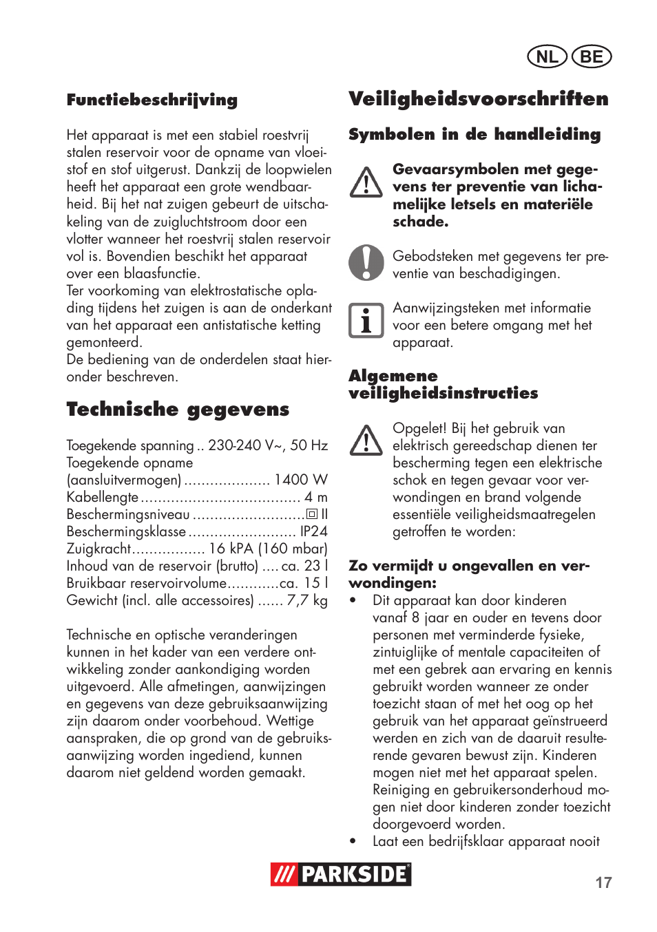 Technische gegevens, Veiligheidsvoorschriften, Be nl | Parkside PNTS 1400 C1 User Manual | Page 17 / 52