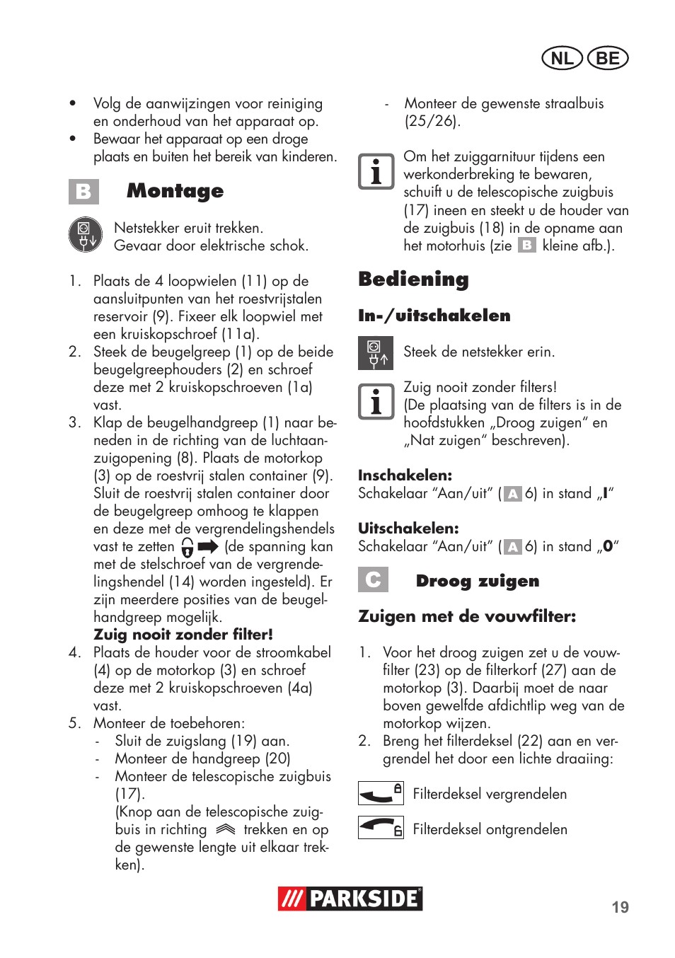 Montage, Bediening, Be nl | Parkside PNTS 1400 C1 User Manual | Page 19 / 52