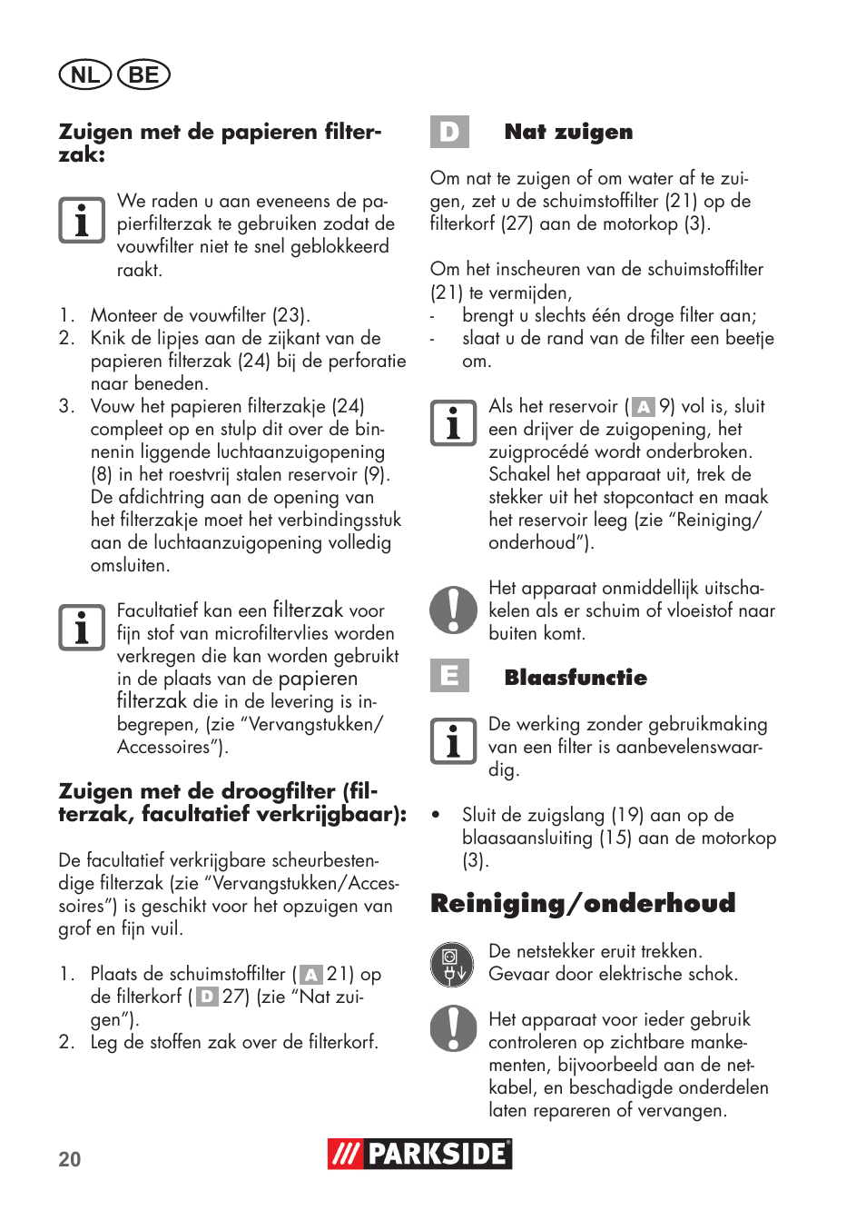 Reiniging/onderhoud, Nl be | Parkside PNTS 1400 C1 User Manual | Page 20 / 52