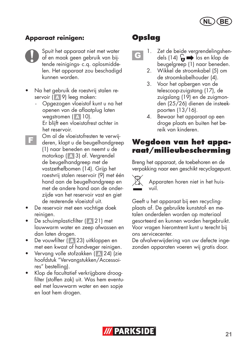 Opslag, Wegdoen van het appa- raat/milieubescherming, Be nl | Parkside PNTS 1400 C1 User Manual | Page 21 / 52