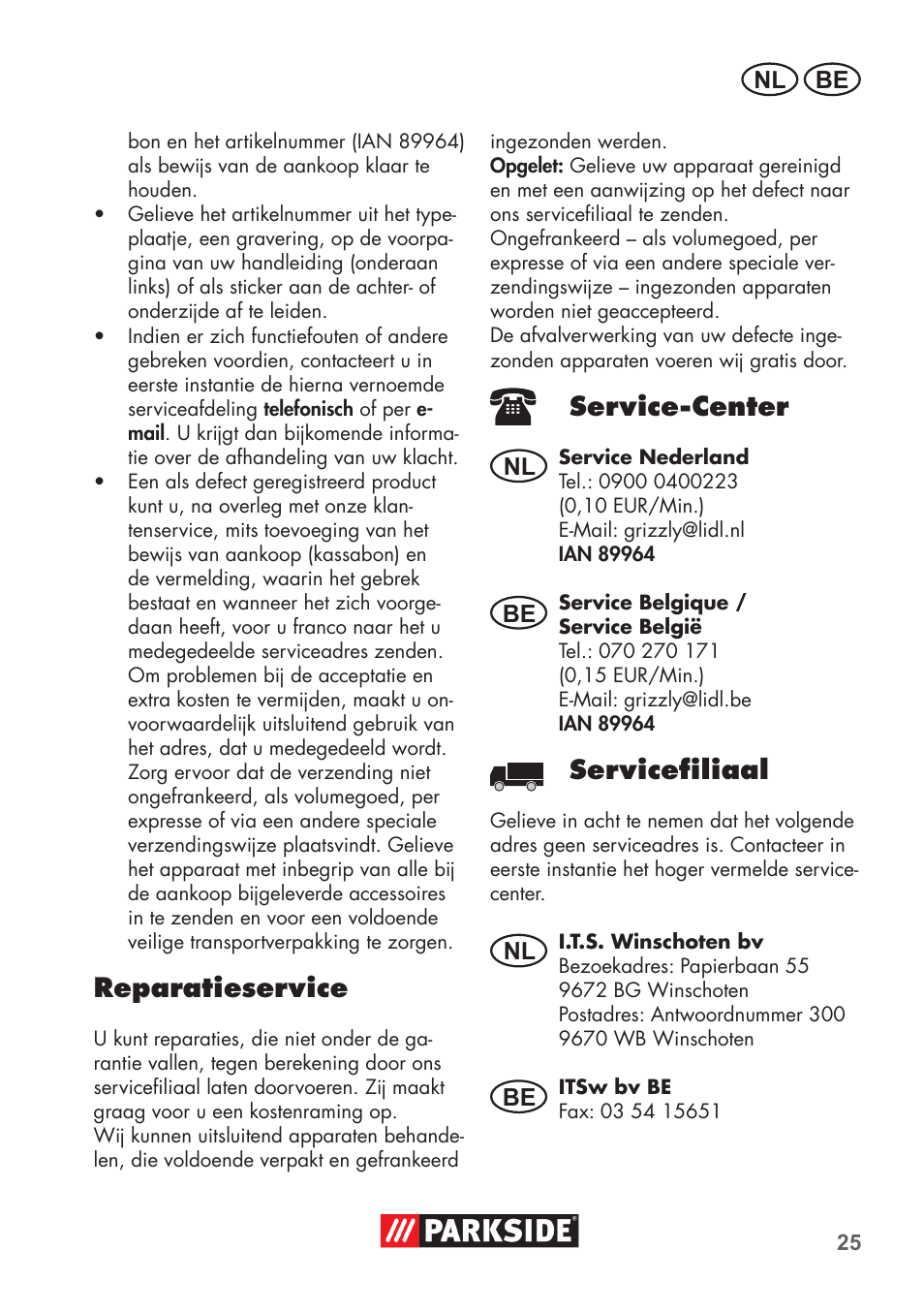 Reparatieservice, Service-center, Servicefiliaal | Parkside PNTS 1400 C1 User Manual | Page 25 / 52