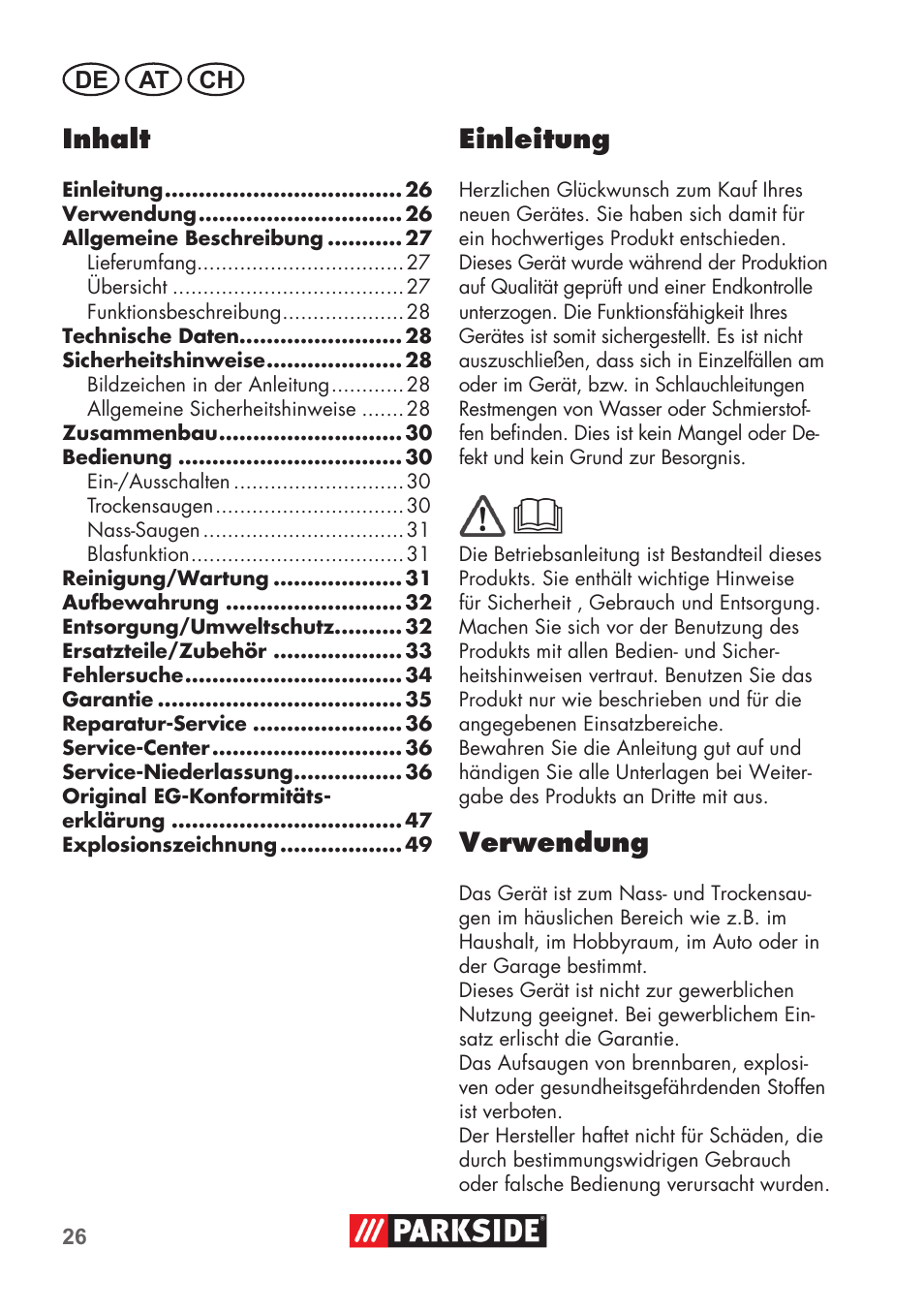 Inhalt, Einleitung, Verwendung | De at ch | Parkside PNTS 1400 C1 User Manual | Page 26 / 52