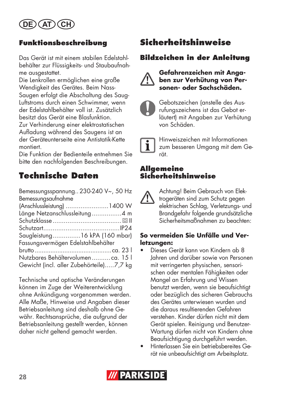 Technische daten, Sicherheitshinweise, De at ch | Parkside PNTS 1400 C1 User Manual | Page 28 / 52