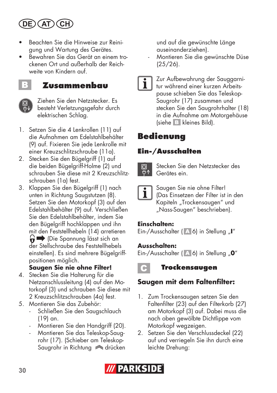 Zusammenbau, Bedienung, De at ch | Parkside PNTS 1400 C1 User Manual | Page 30 / 52