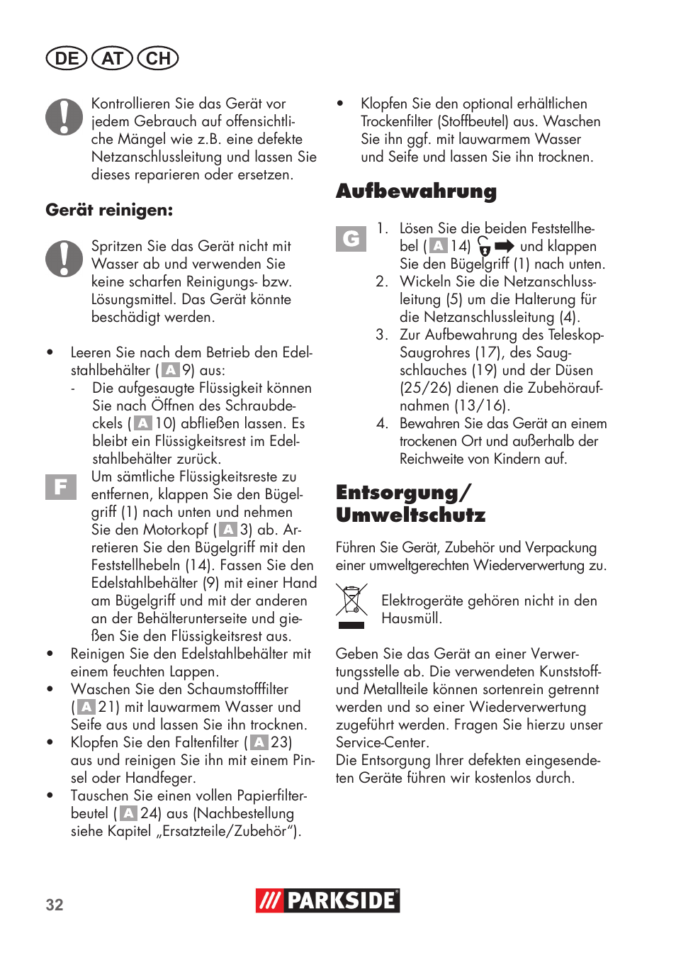 Aufbewahrung, Entsorgung/ umweltschutz, De at ch | Parkside PNTS 1400 C1 User Manual | Page 32 / 52