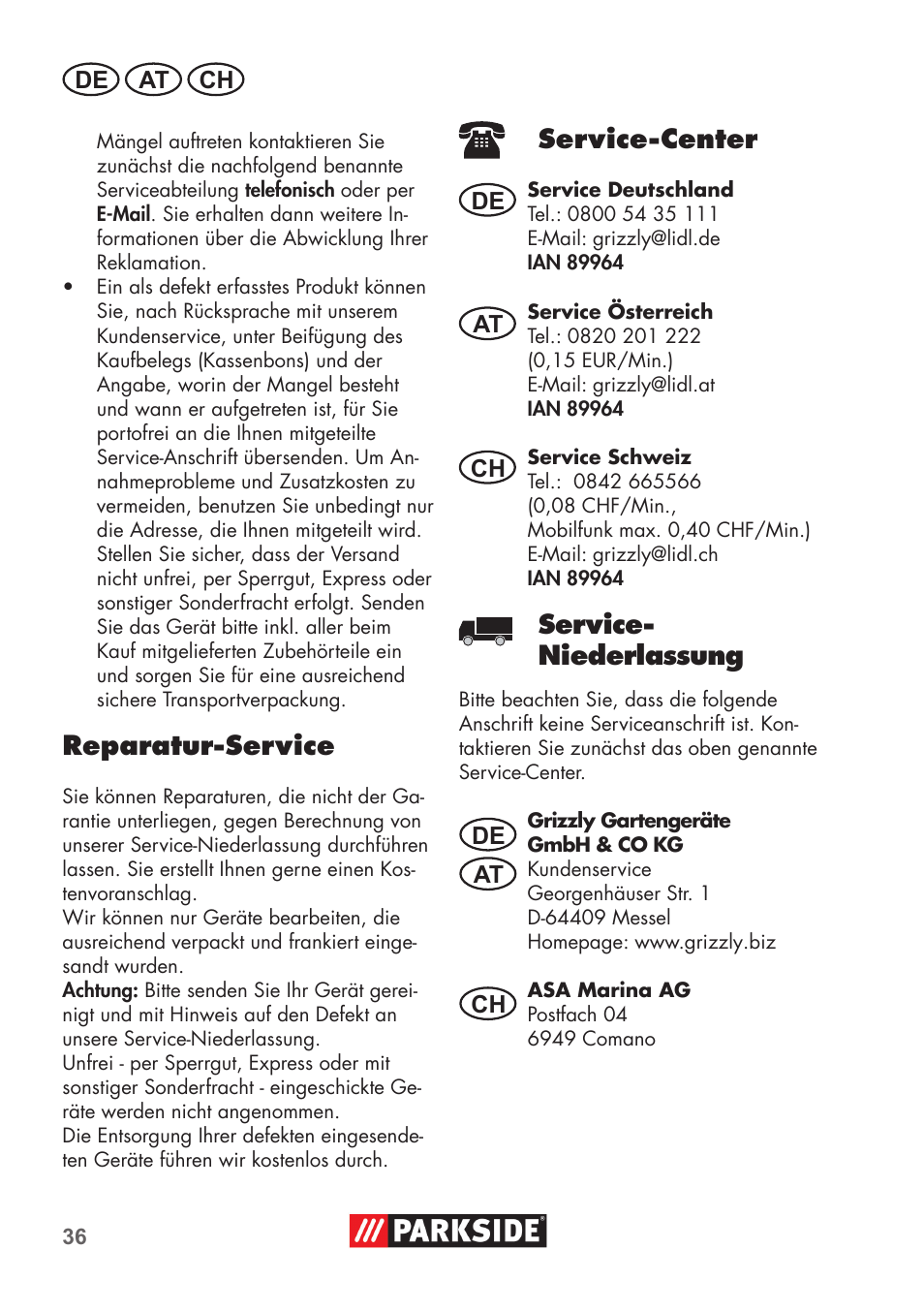 Reparatur-service, Service-center, Service- niederlassung | Parkside PNTS 1400 C1 User Manual | Page 36 / 52